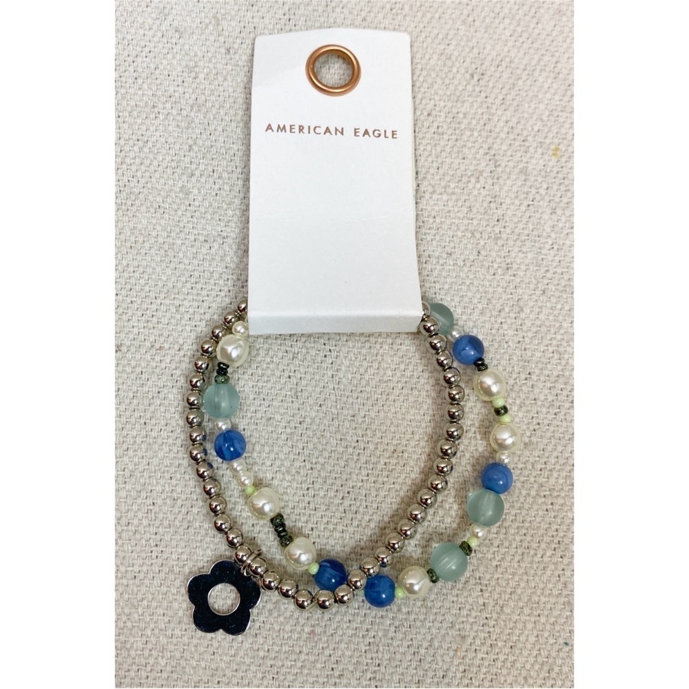 NWT AEO American Eagle Outfitters Silver Blue Beaded stretch Bracelet Set